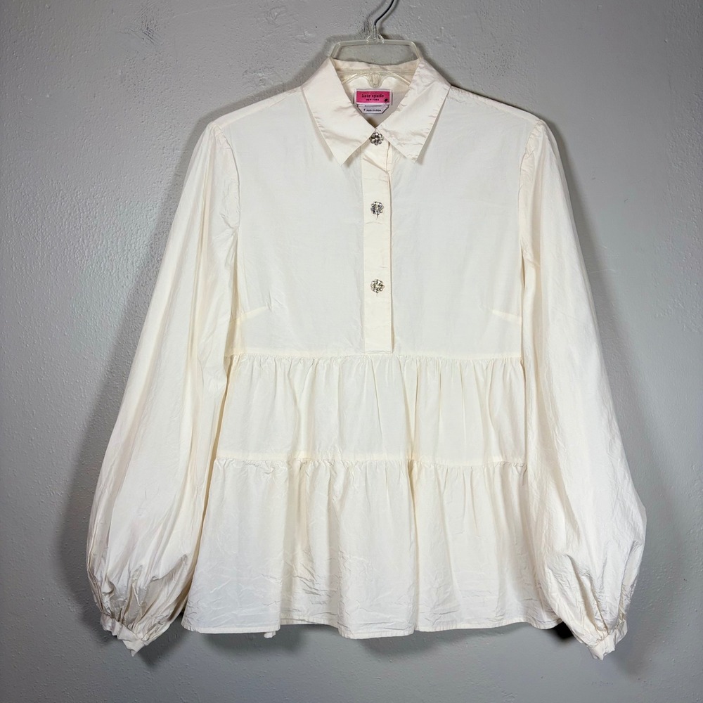 Kate Spade Cream Silk Cotton Tiered Babydoll Blouse Crystal Flower Button K6359 - Picture 1 of 12